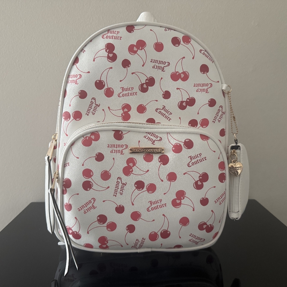 Juicy Couture Cherry Print Full Size Backpack – White with Pink Cherries, NWT